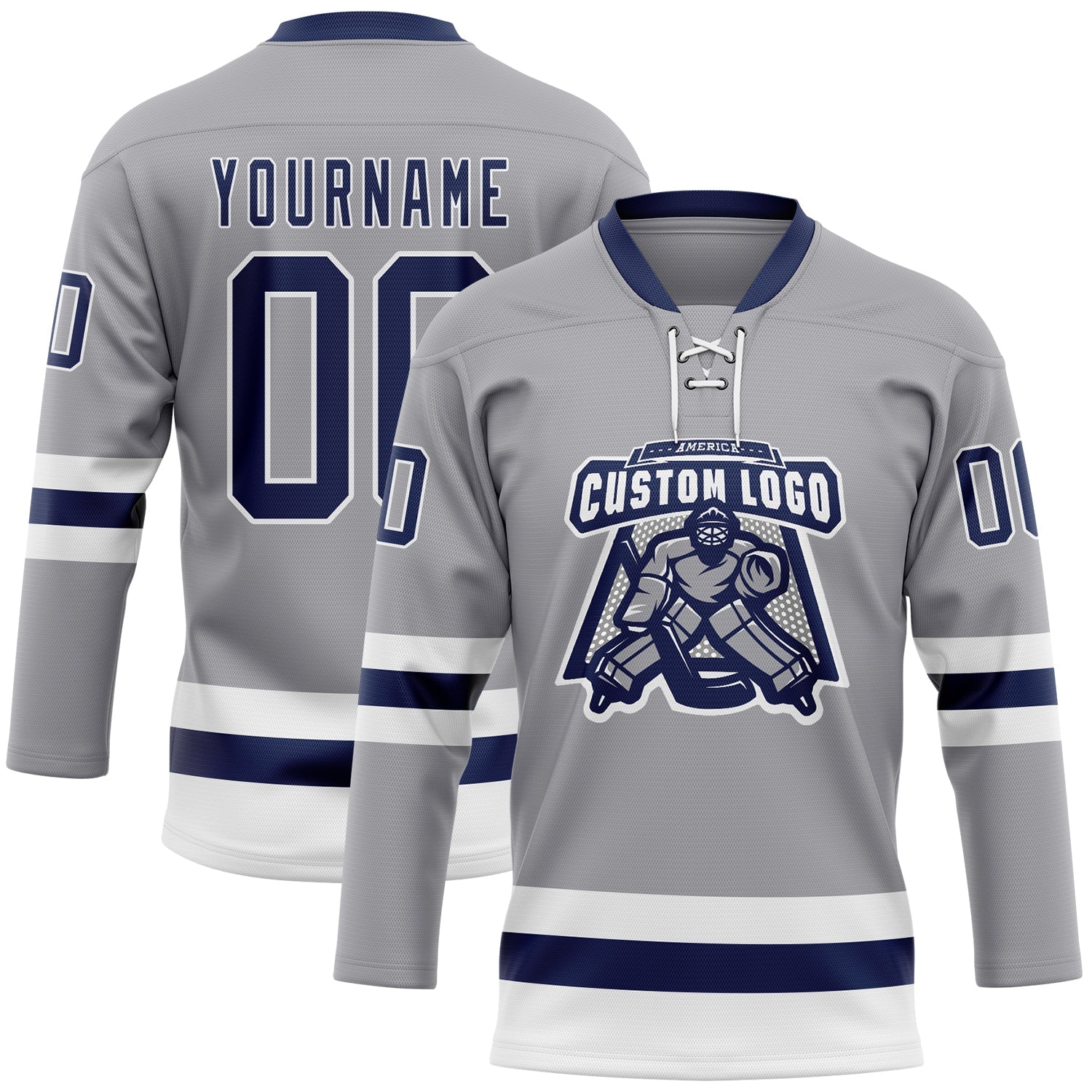 Custom Gray Navy-White Hockey Lace Neck Jersey view 2