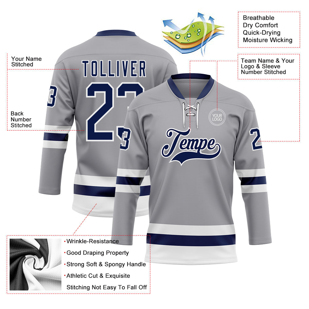 Custom Gray Navy-White Hockey Lace Neck Jersey view 3