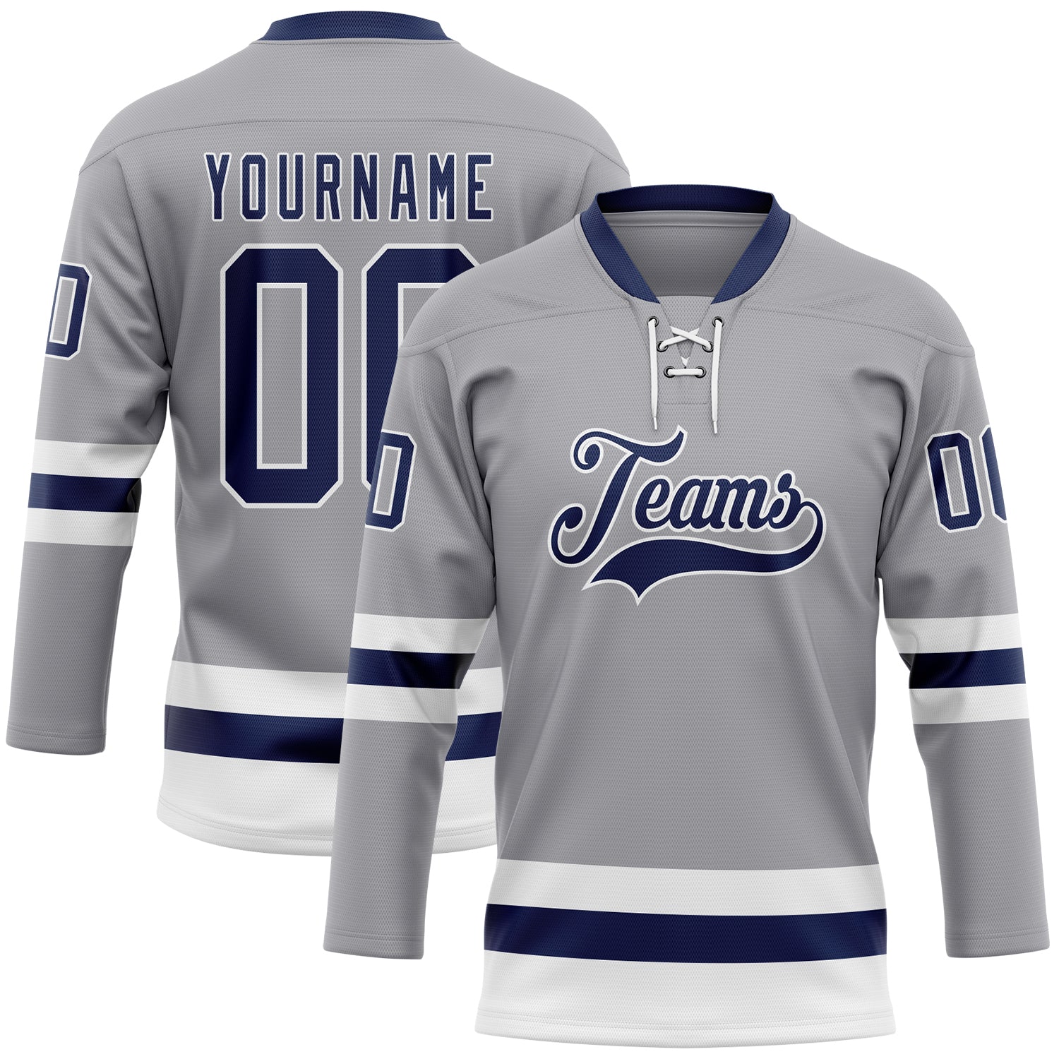 Custom Gray Navy-White Hockey Lace Neck Jersey - Main View