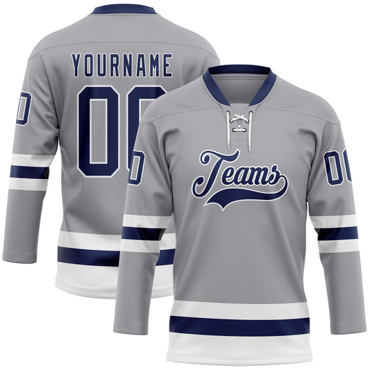 Custom Gray Navy-White Hockey Lace Neck Jersey - Main View