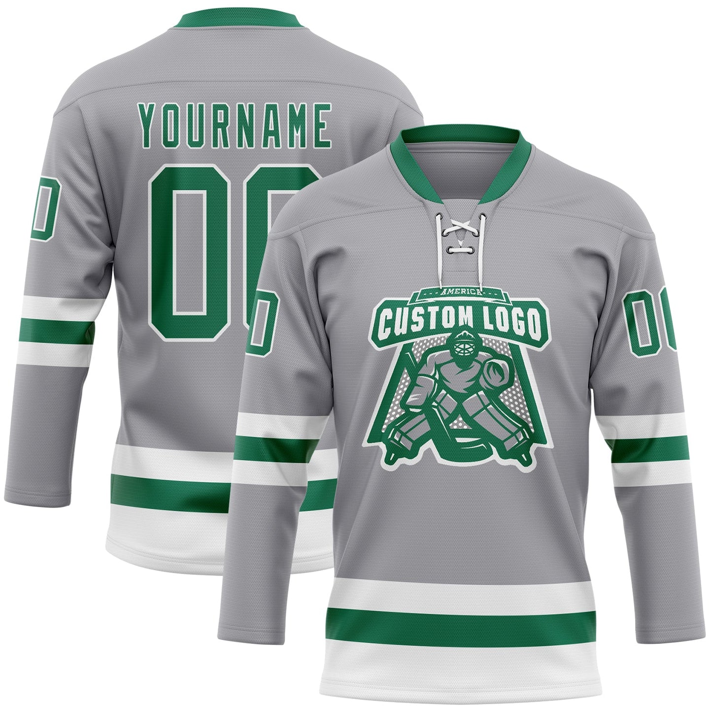 Custom Gray Kelly Green-White Hockey Lace Neck Jersey view 2