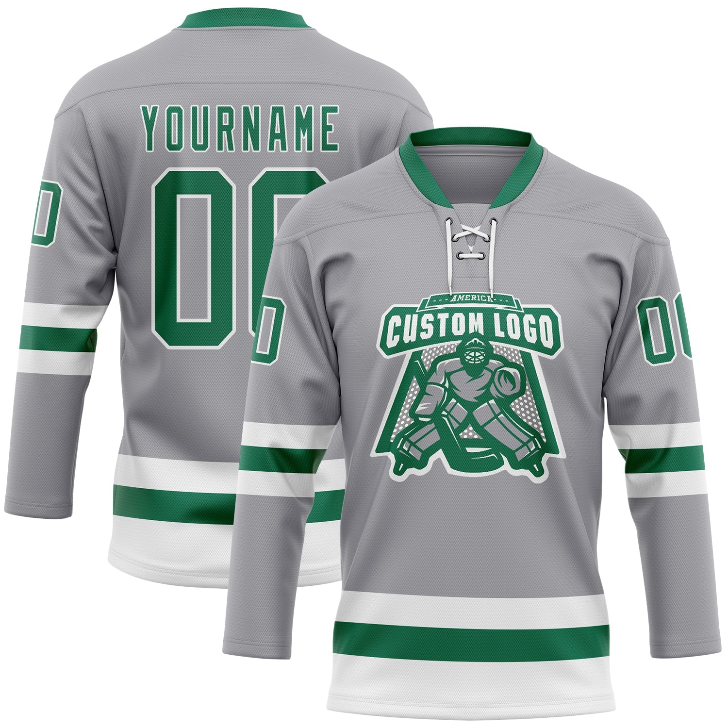 Custom Gray Kelly Green-White Hockey Lace Neck Jersey view 2