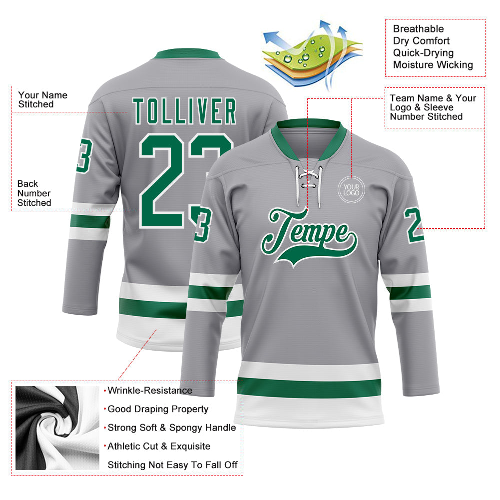 Custom Gray Kelly Green-White Hockey Lace Neck Jersey view 3
