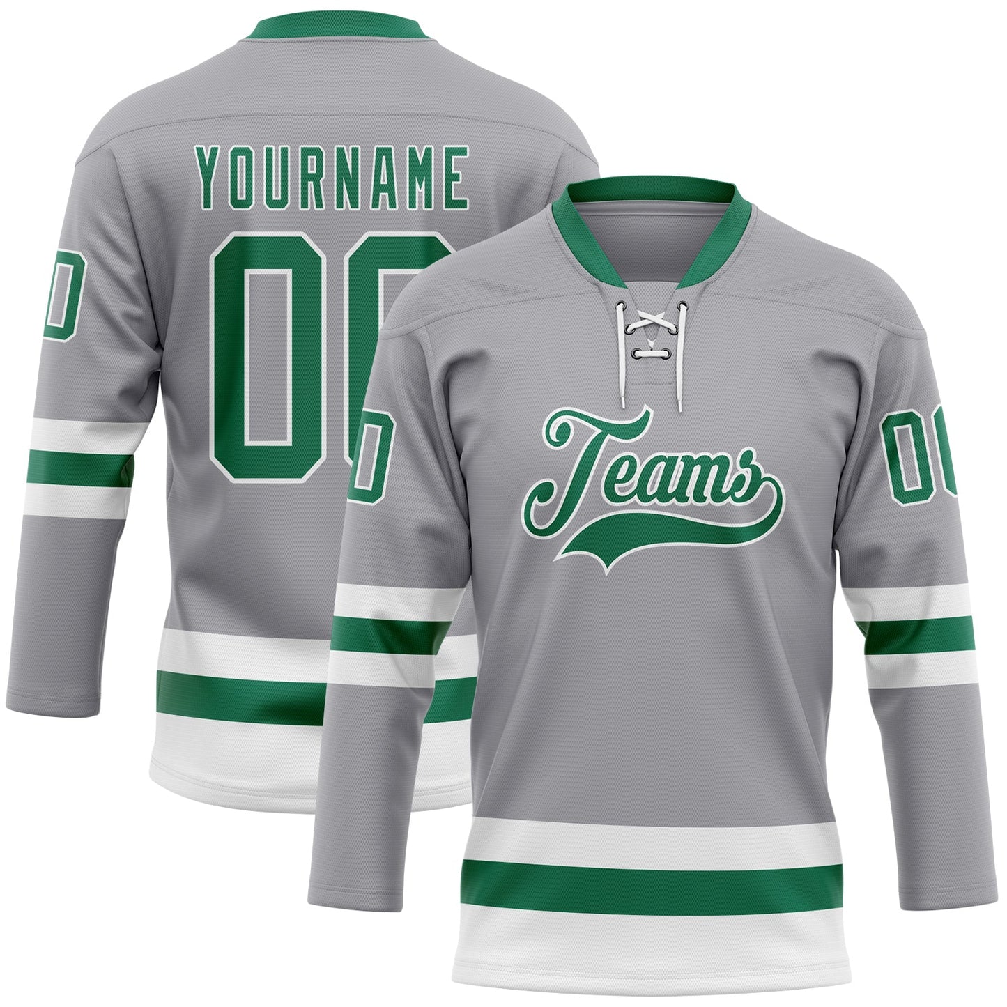Custom Gray Kelly Green-White Hockey Lace Neck Jersey - Main View