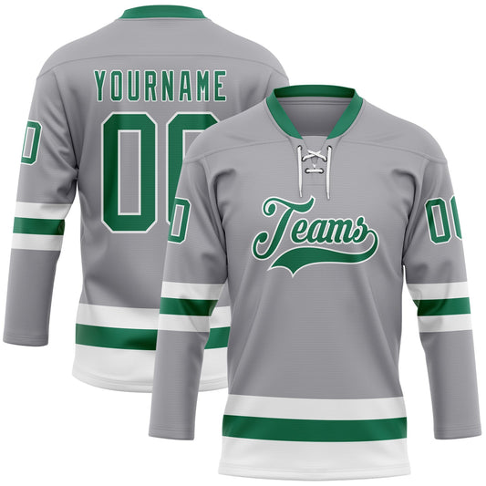 Custom Gray Kelly Green-White Hockey Lace Neck Jersey - Main View