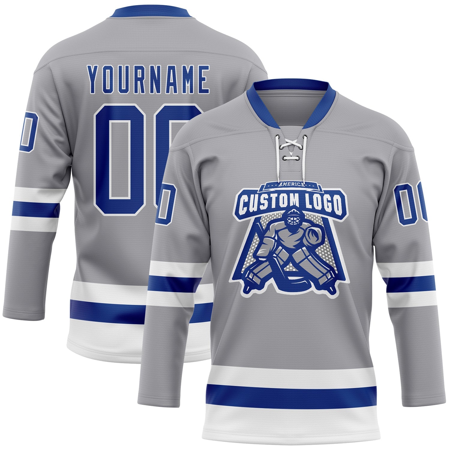 Custom Gray Royal-White Hockey Lace Neck Jersey view 2