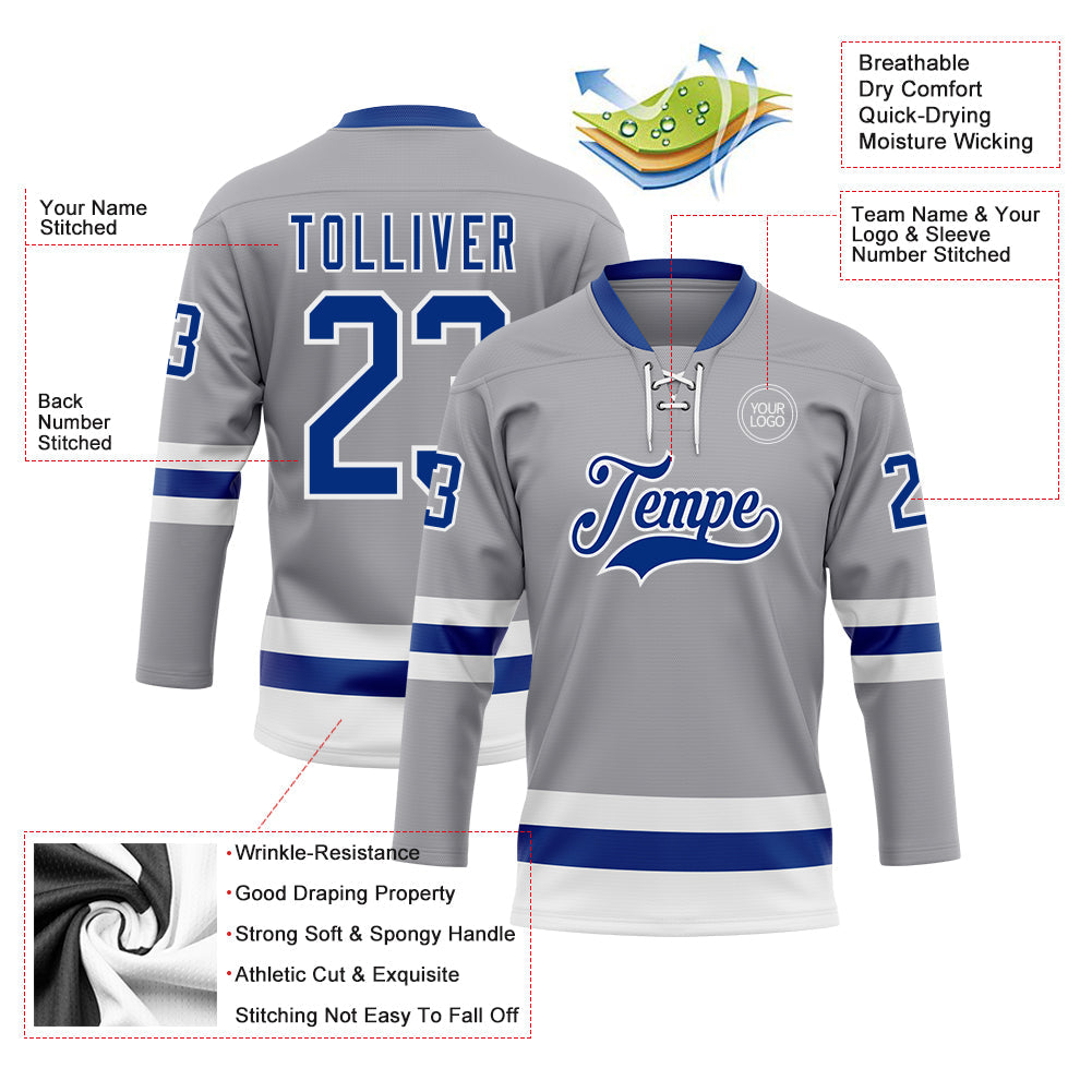 Custom Gray Royal-White Hockey Lace Neck Jersey view 3