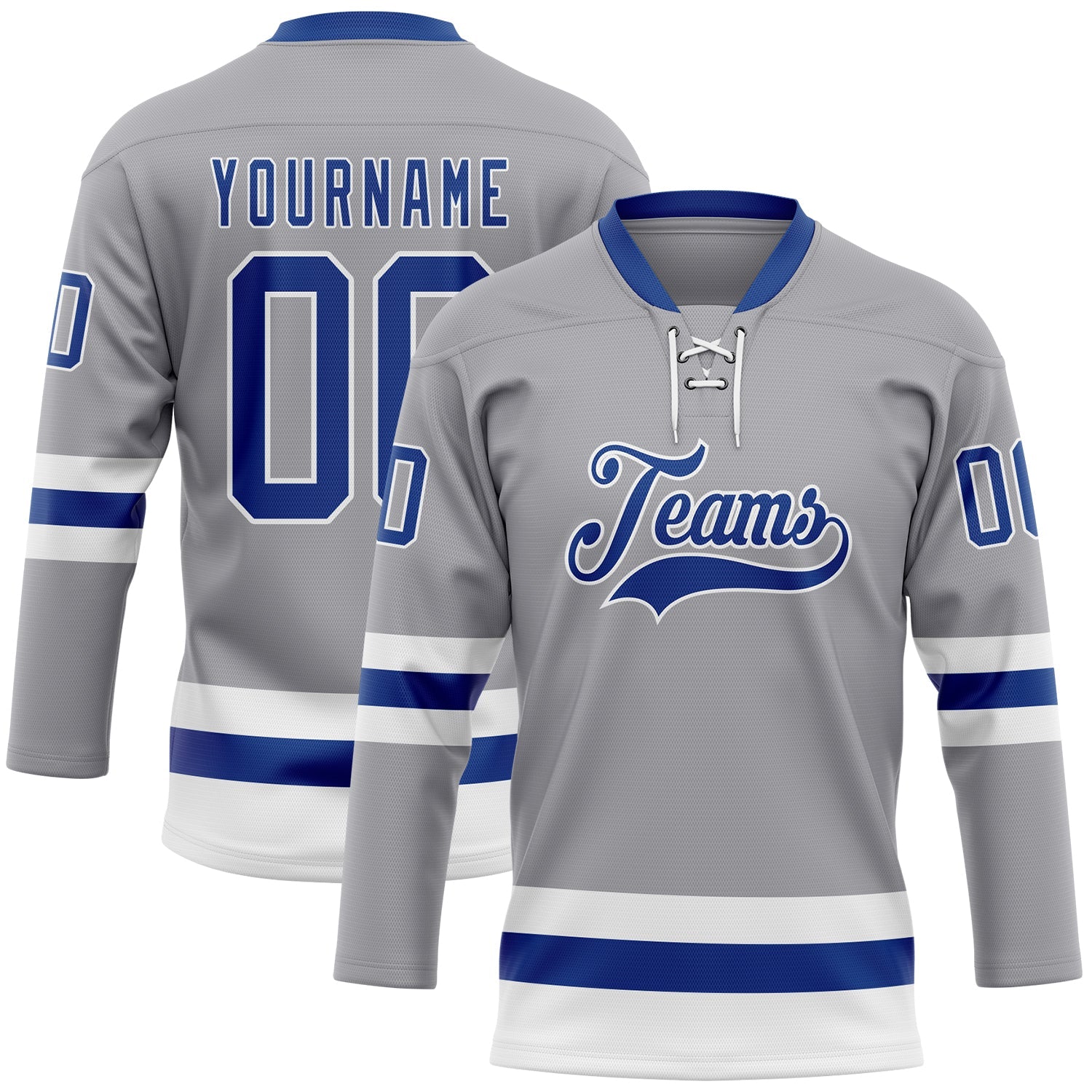 Custom Gray Royal-White Hockey Lace Neck Jersey - Main View