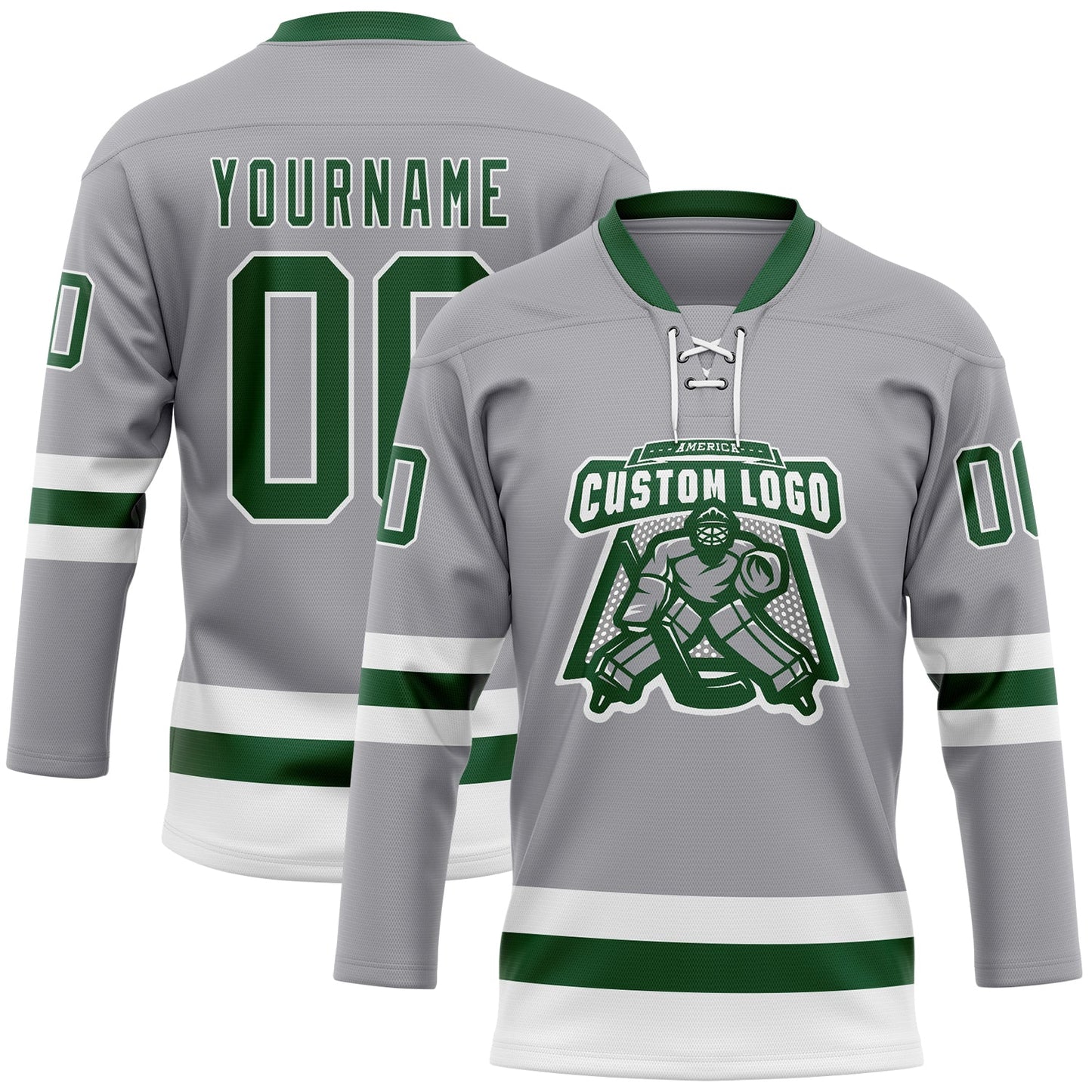 Custom Gray Green-White Hockey Lace Neck Jersey view 2