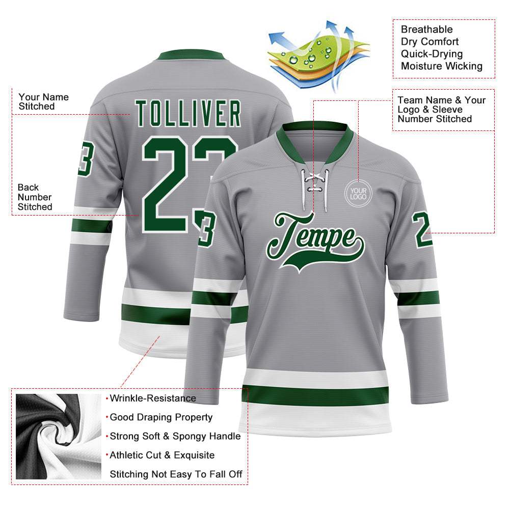 Custom Gray Green-White Hockey Lace Neck Jersey view 3