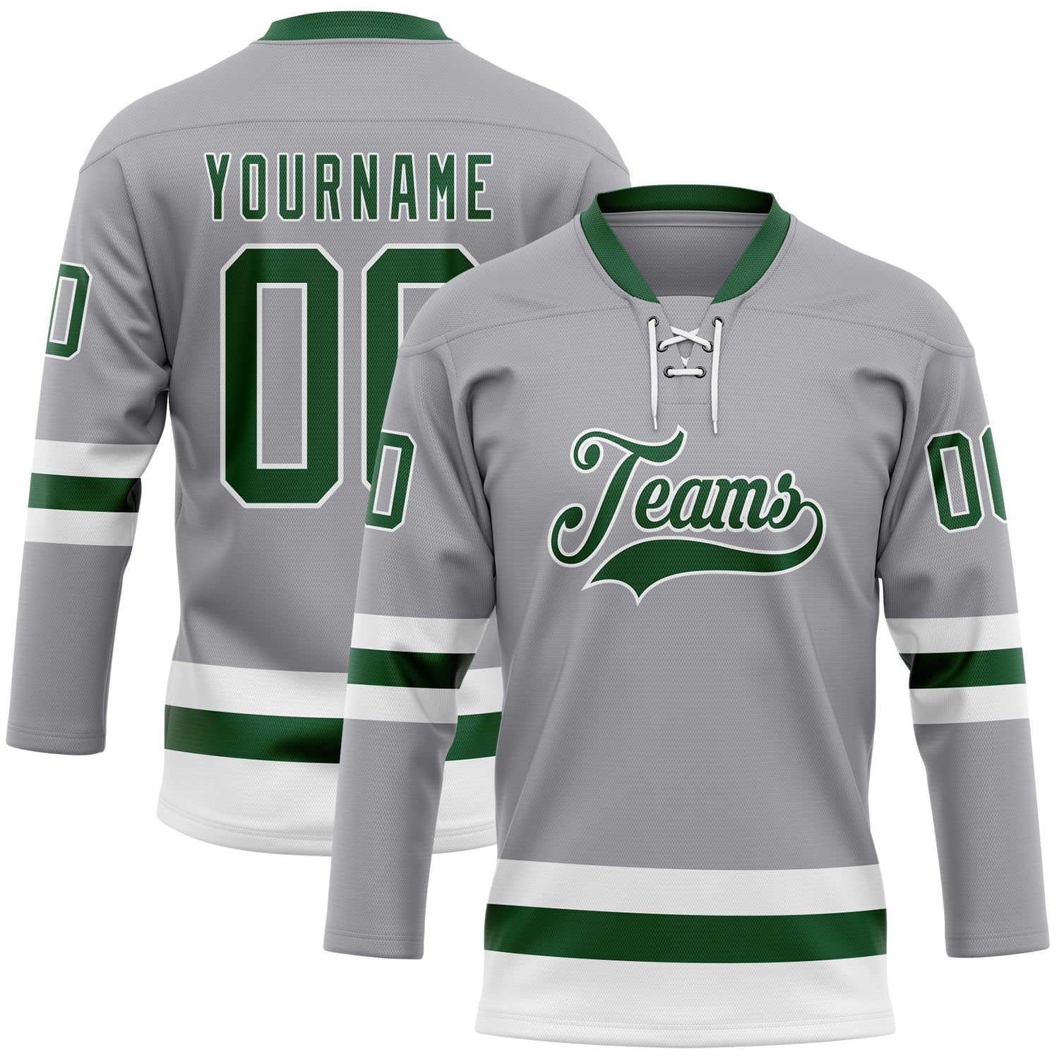 Custom Gray Green-White Hockey Lace Neck Jersey - Main View
