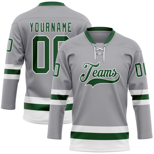 Custom Gray Green-White Hockey Lace Neck Jersey - Main View