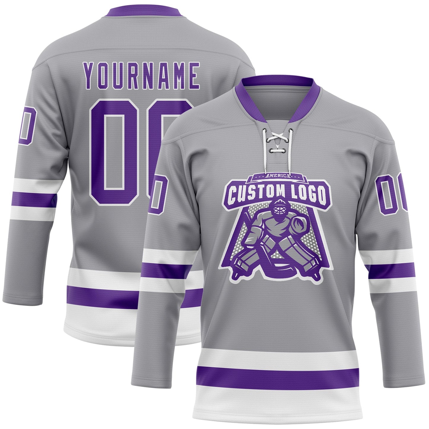 Custom Gray Purple-White Hockey Lace Neck Jersey view 2