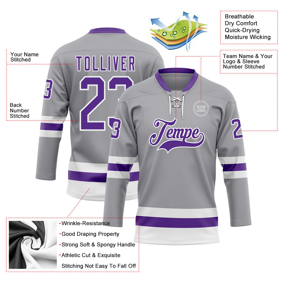 Custom Gray Purple-White Hockey Lace Neck Jersey view 3