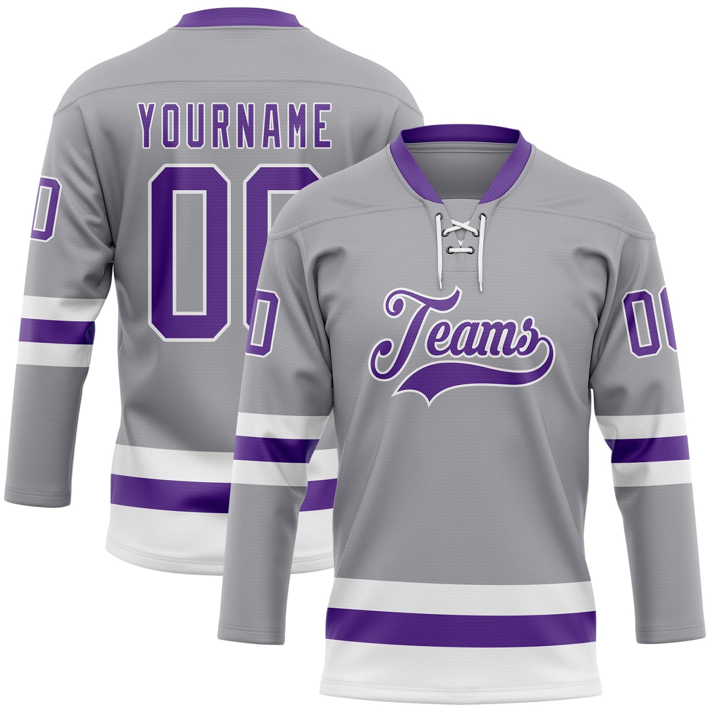 Custom Gray Purple-White Hockey Lace Neck Jersey - Main View
