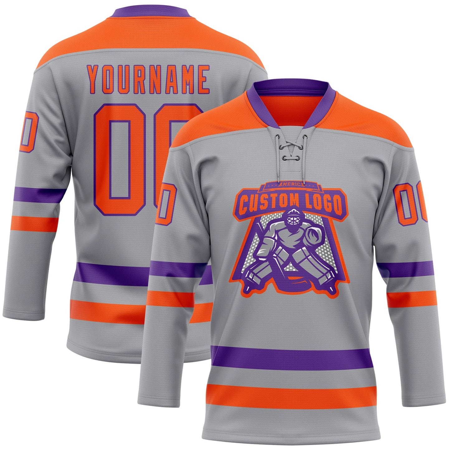 Custom Gray Orange-Purple Hockey Lace Neck Jersey view 2