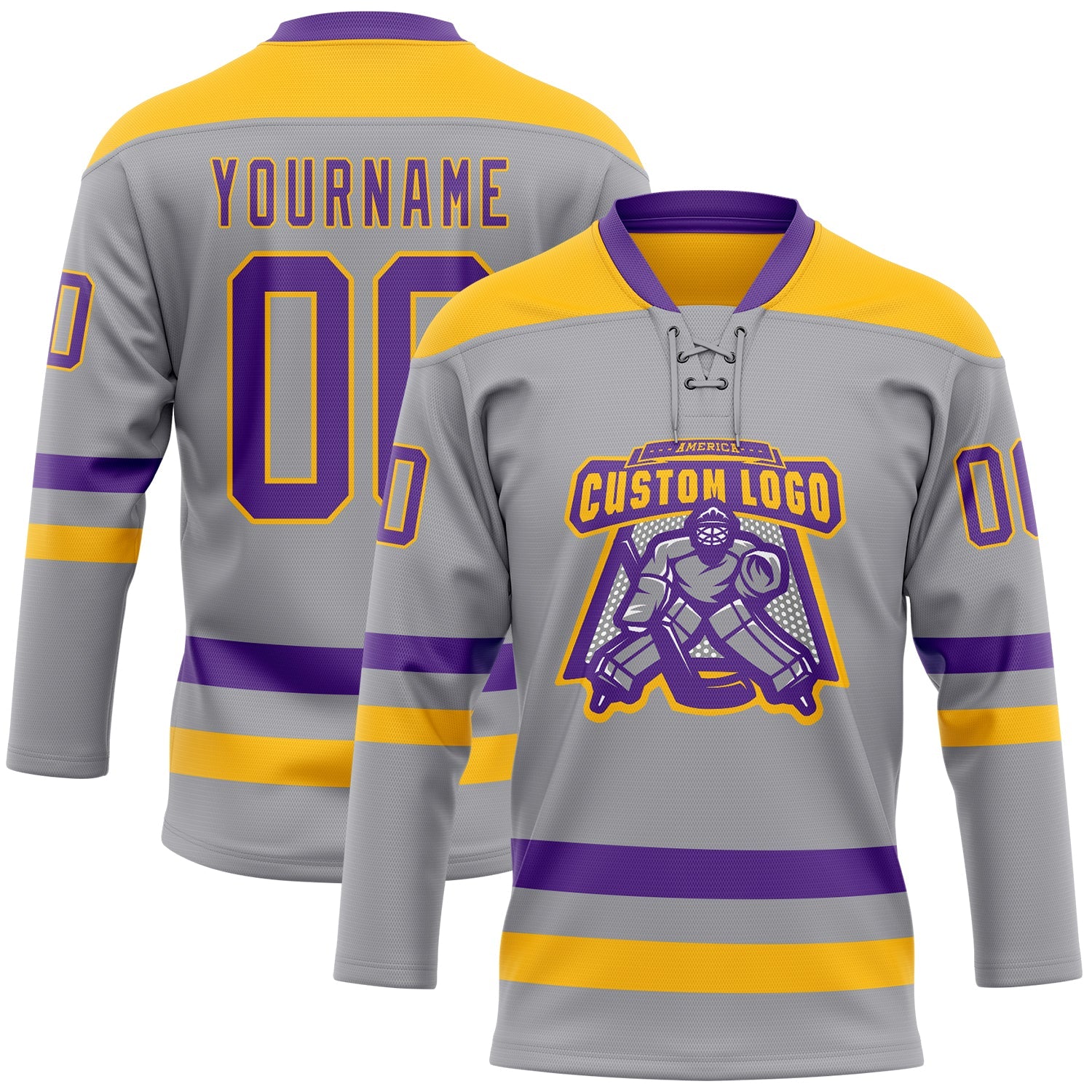Custom Gray Purple-Gold Hockey Lace Neck Jersey view 2
