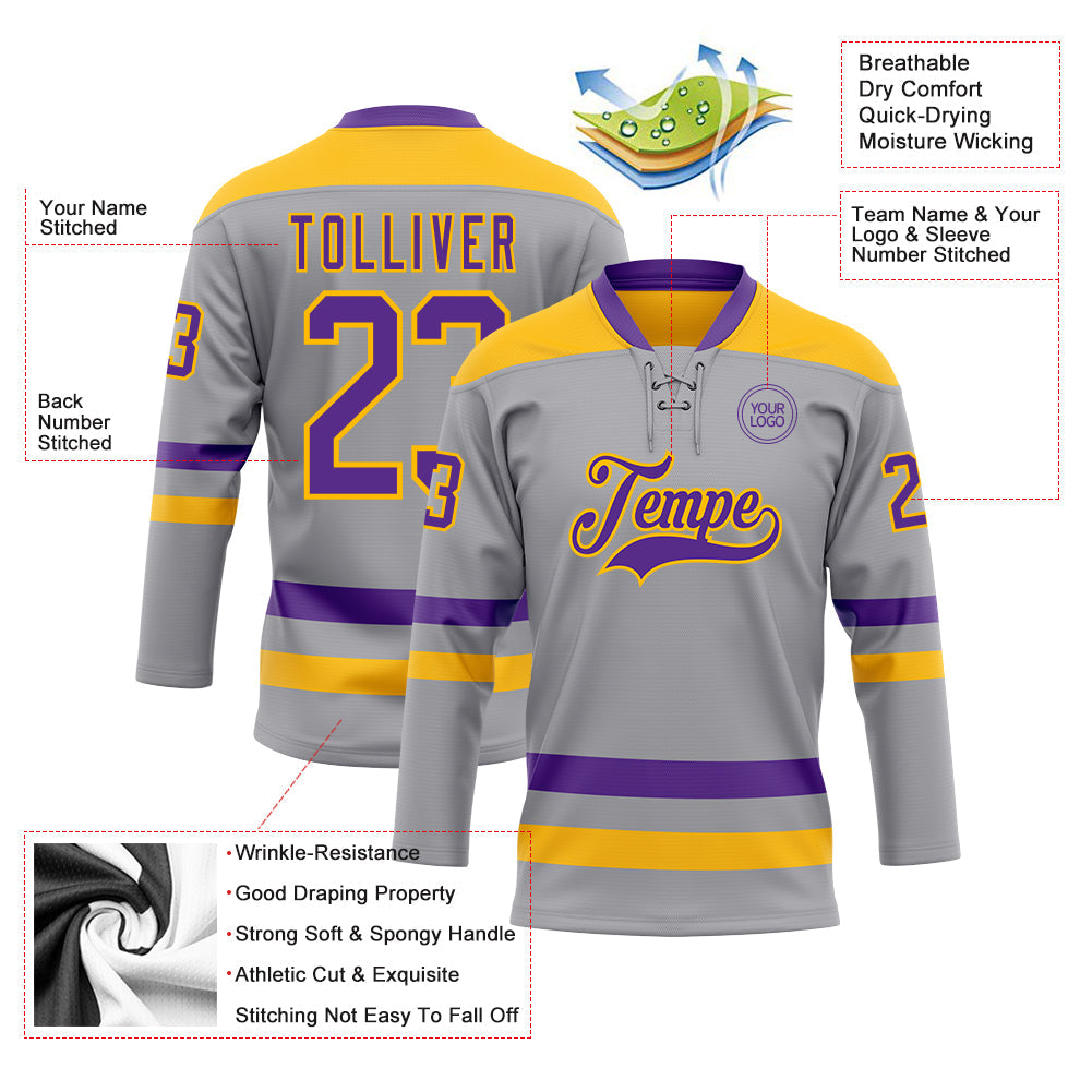 Custom Gray Purple-Gold Hockey Lace Neck Jersey view 3