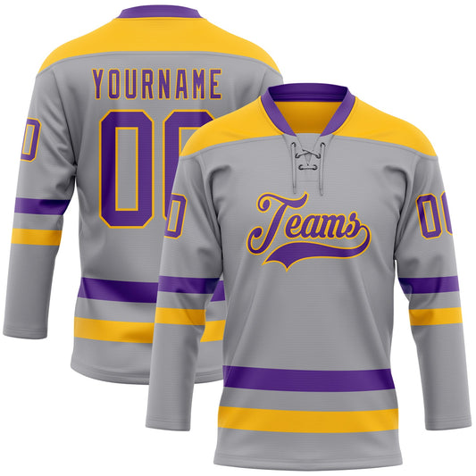 Custom Gray Purple-Gold Hockey Lace Neck Jersey - Main View