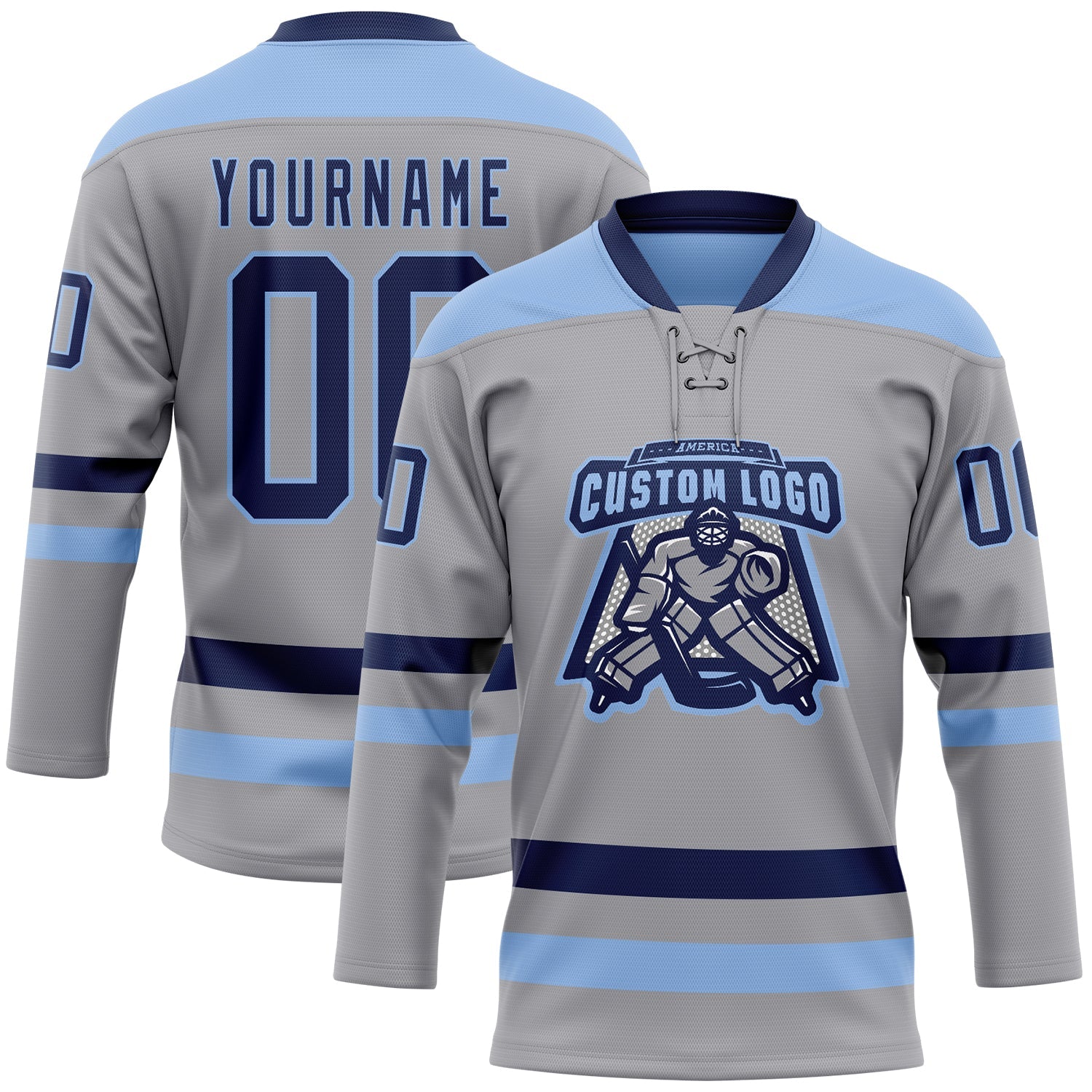 Custom Gray Navy-Light Blue Hockey Lace Neck Jersey view 2