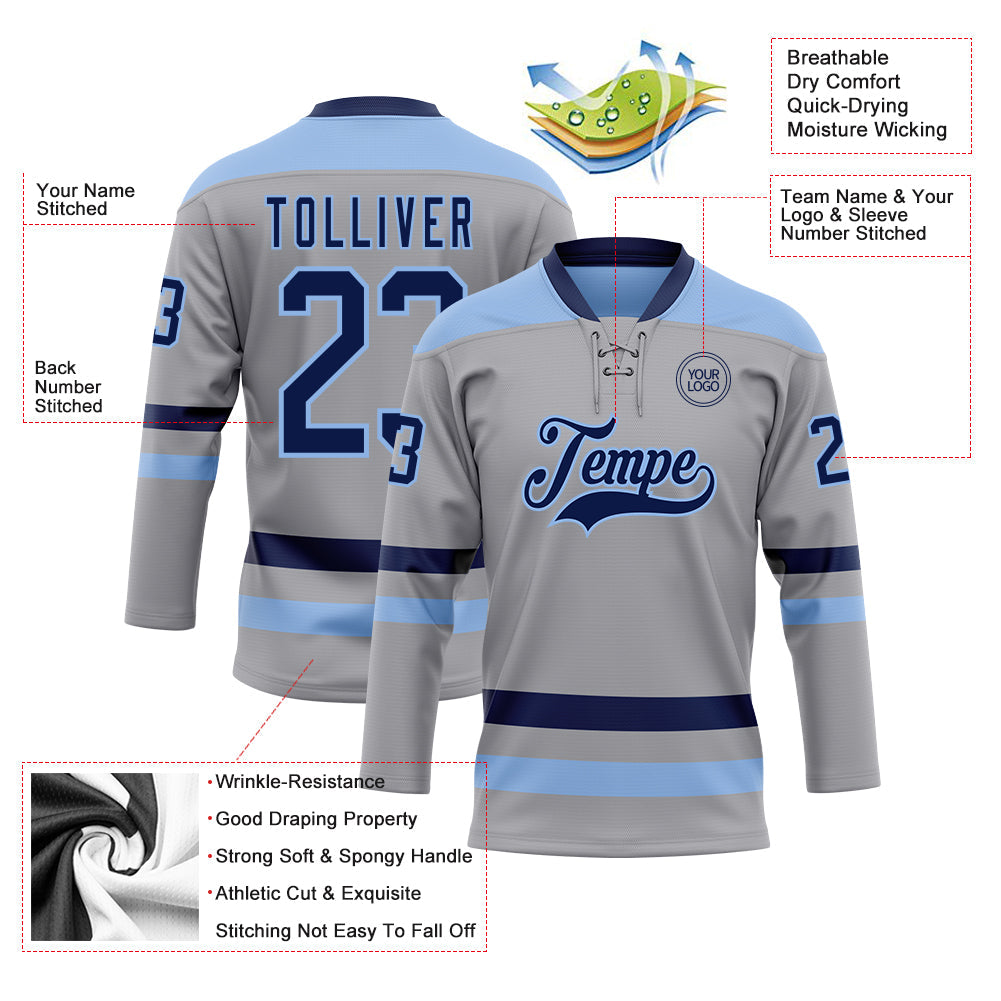 Custom Gray Navy-Light Blue Hockey Lace Neck Jersey view 3