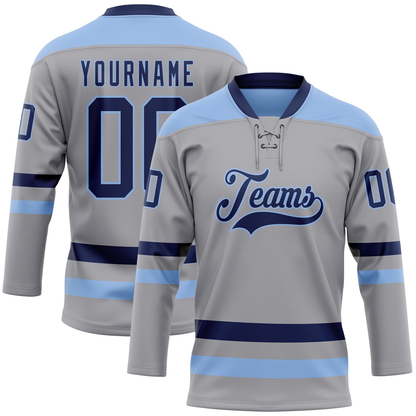 Custom Gray Navy-Light Blue Hockey Lace Neck Jersey - Main View