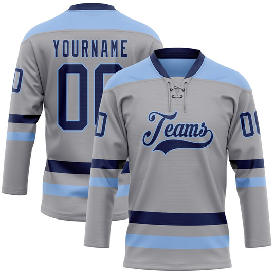 Custom Gray Navy-Light Blue Hockey Lace Neck Jersey - Main View