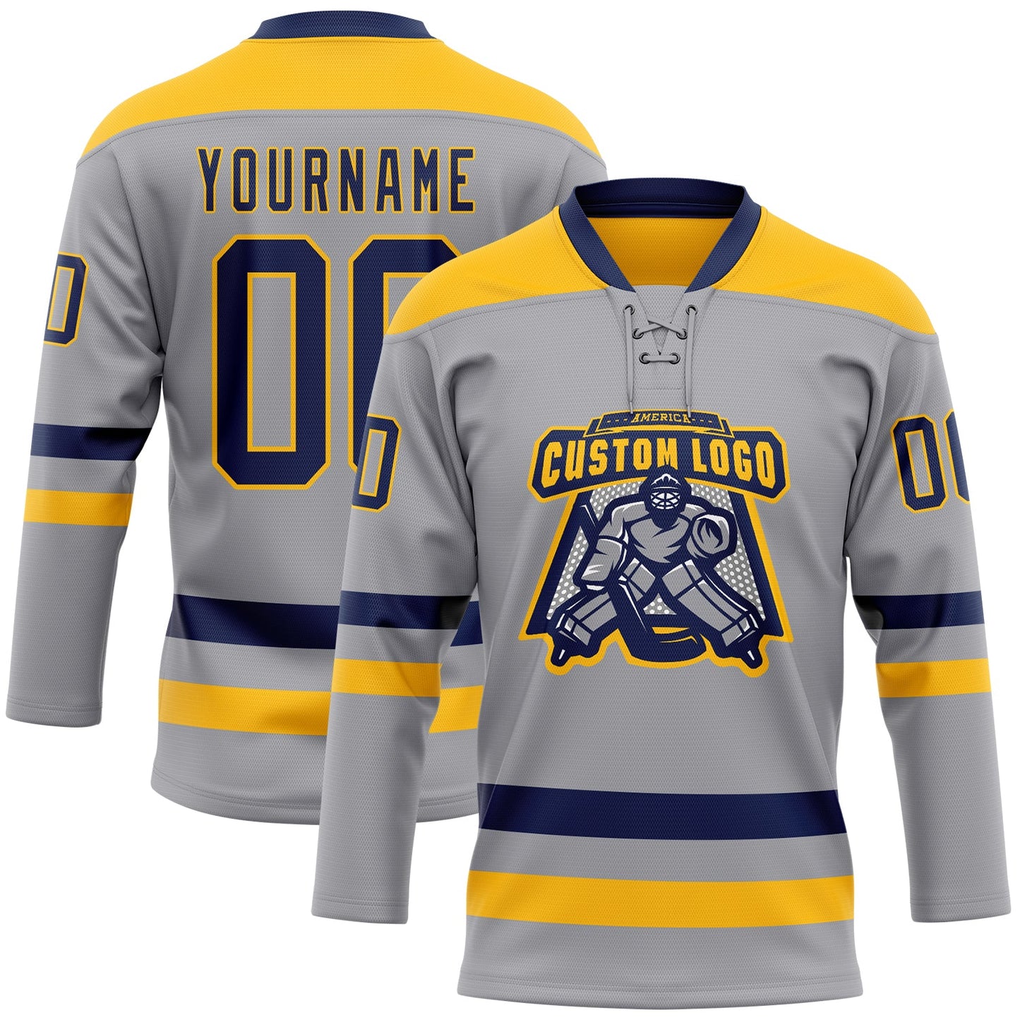 Custom Gray Navy-Gold Hockey Lace Neck Jersey view 2