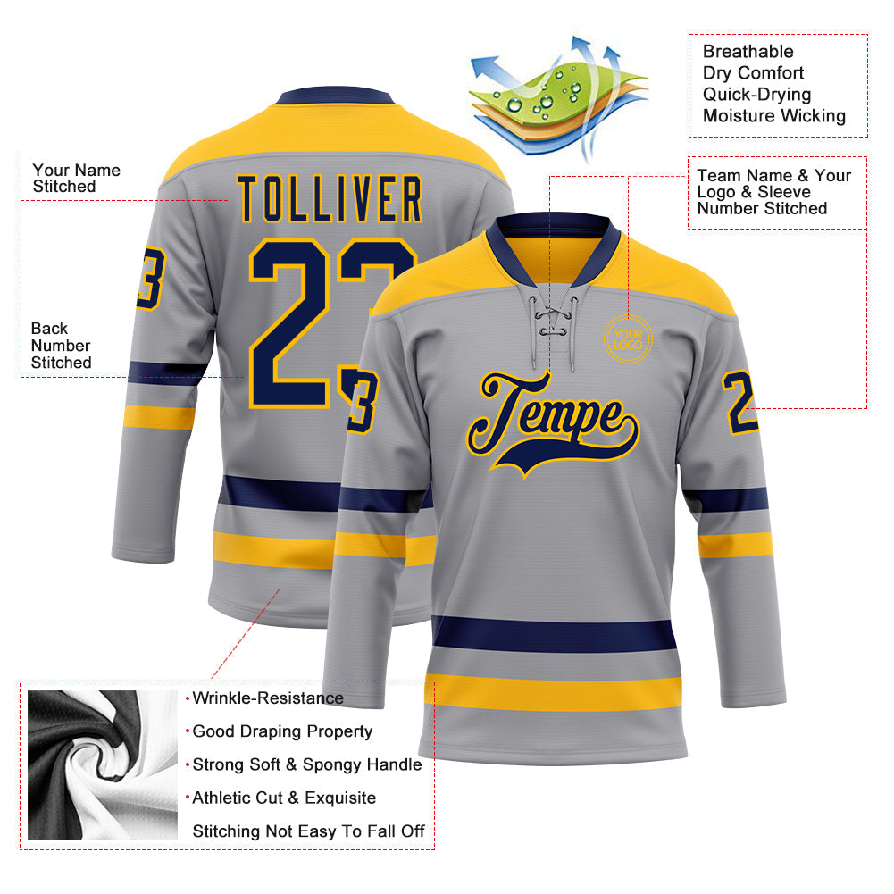 Custom Gray Navy-Gold Hockey Lace Neck Jersey view 3