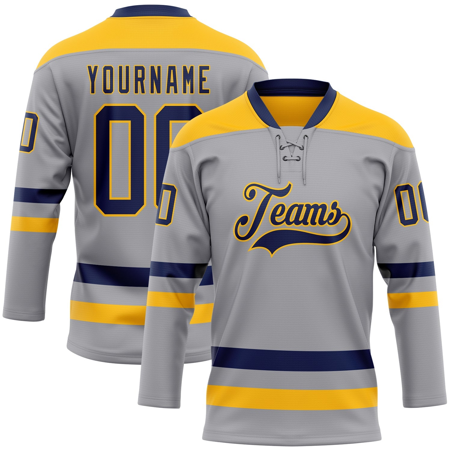 Custom Gray Navy-Gold Hockey Lace Neck Jersey - Main View