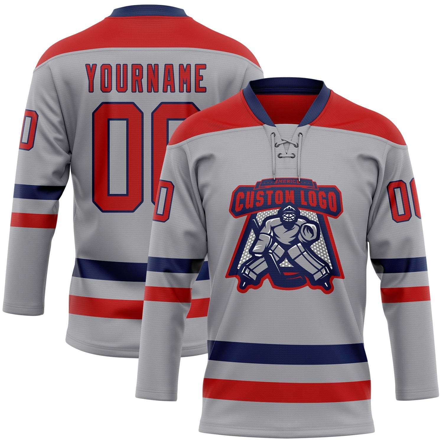Custom Gray Red-Navy Hockey Lace Neck Jersey view 2