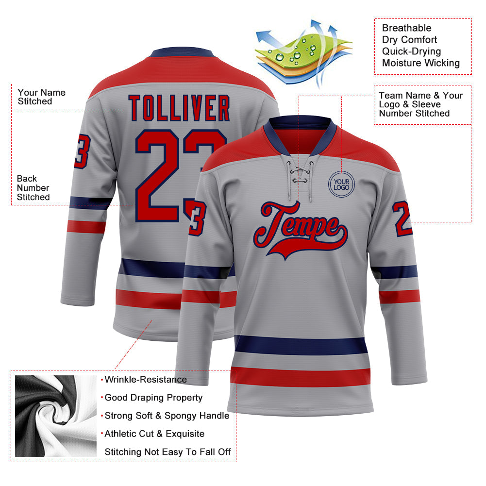 Custom Gray Red-Navy Hockey Lace Neck Jersey view 3
