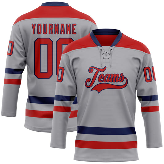 Custom Gray Red-Navy Hockey Lace Neck Jersey - Main View