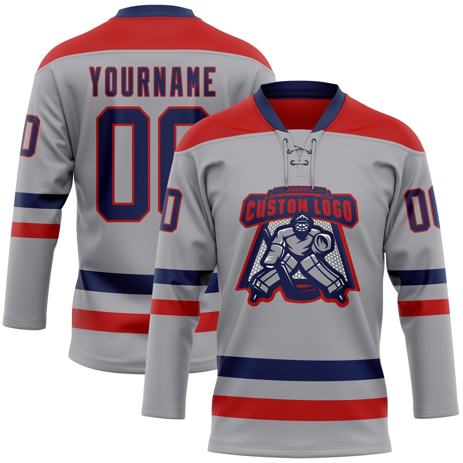Custom Gray Navy-Red Hockey Lace Neck Jersey view 2