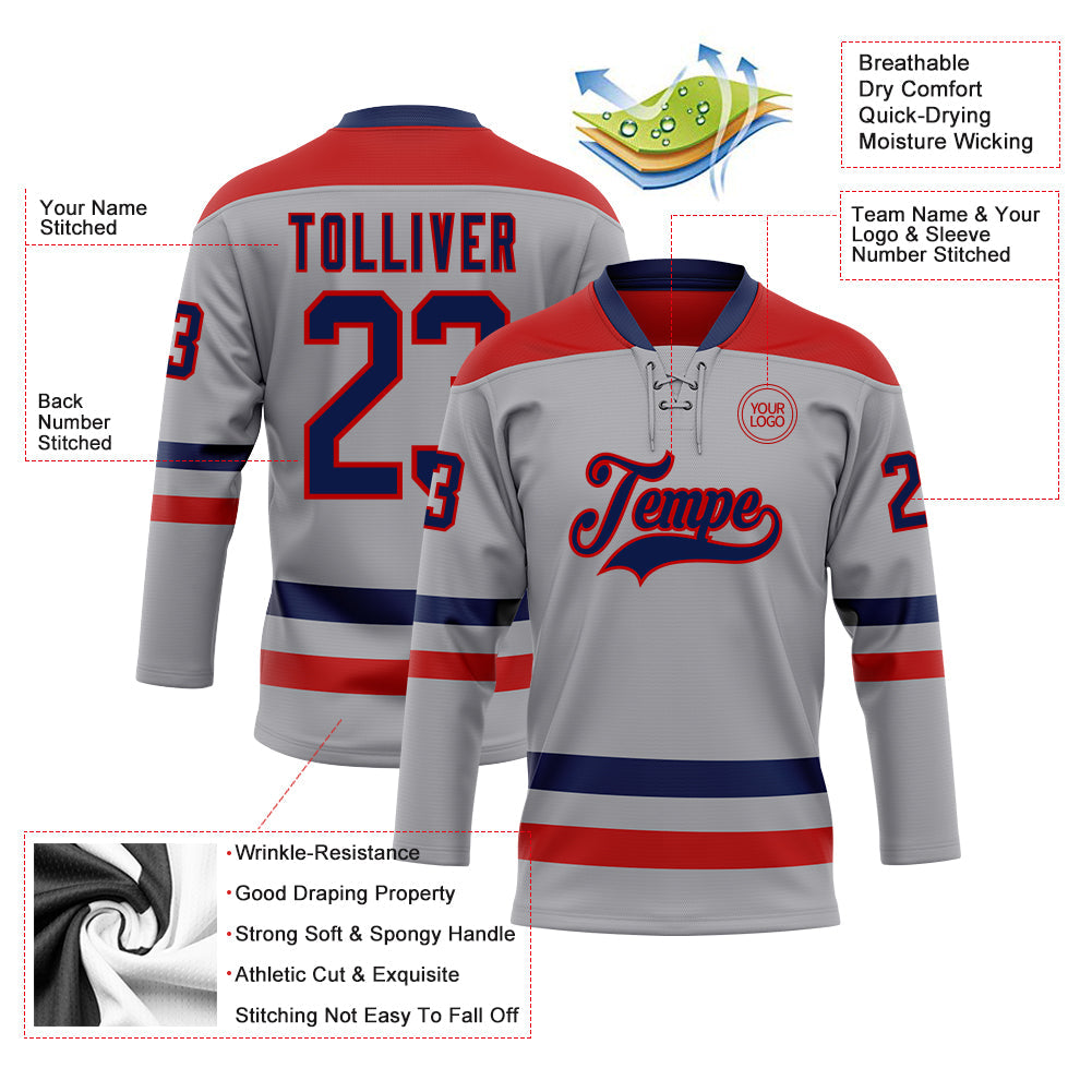 Custom Gray Navy-Red Hockey Lace Neck Jersey view 3