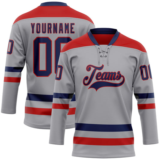 Custom Gray Navy-Red Hockey Lace Neck Jersey - Main View