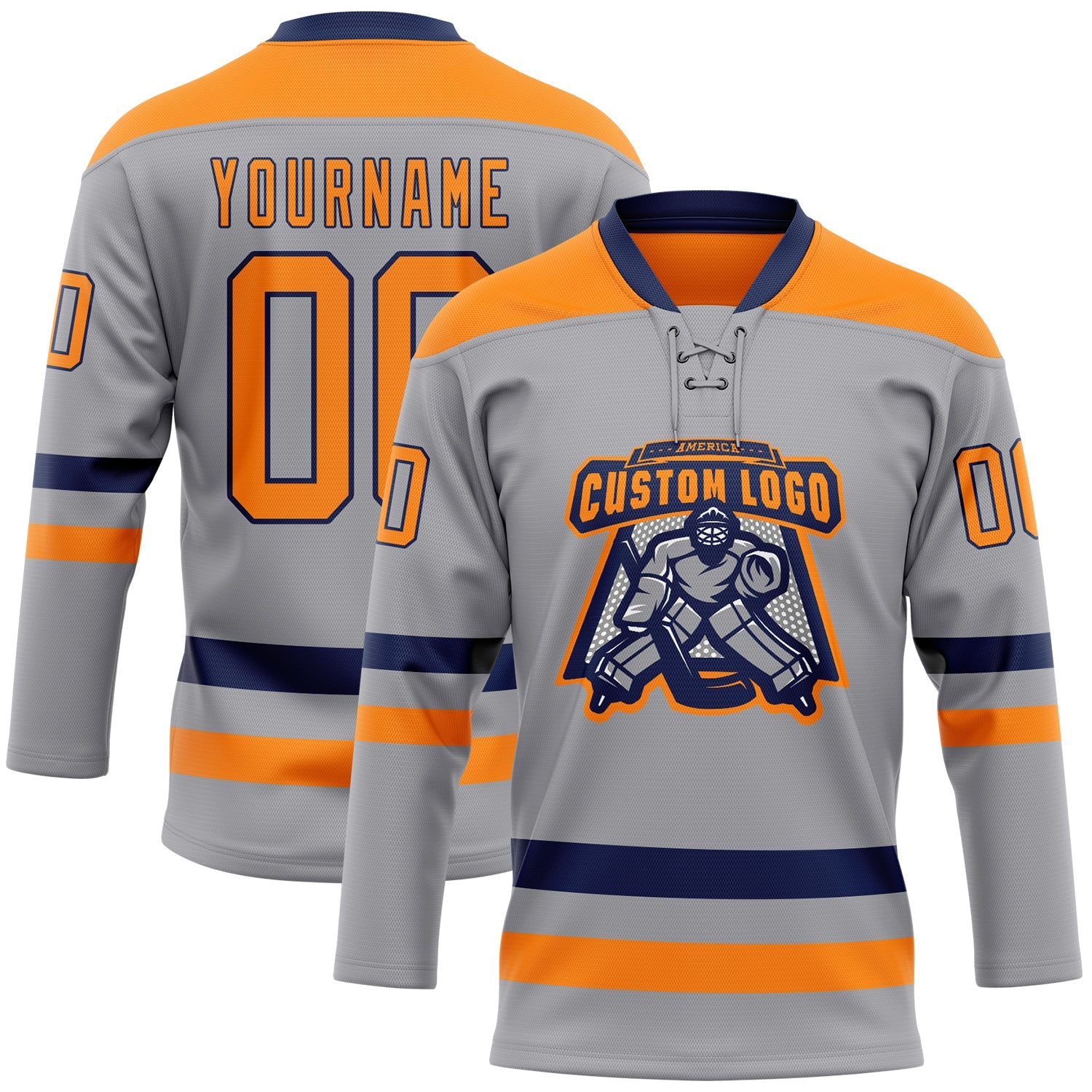 Custom Gray Bay Orange-Navy Hockey Lace Neck Jersey view 2