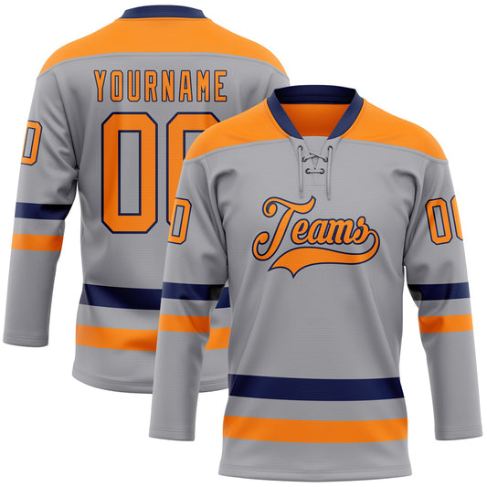 Custom Gray Bay Orange-Navy Hockey Lace Neck Jersey - Main View