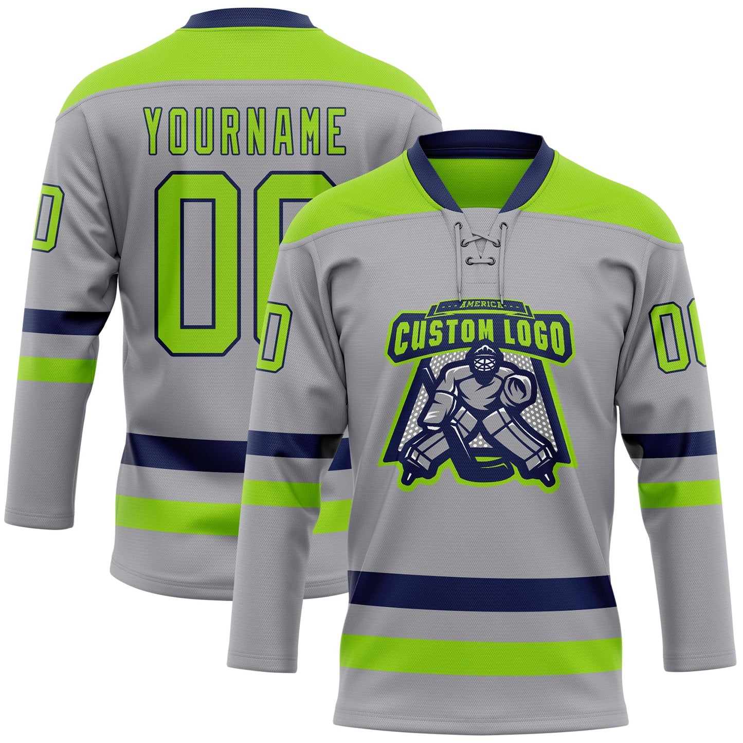 Custom Gray Neon Green-Navy Hockey Lace Neck Jersey view 2