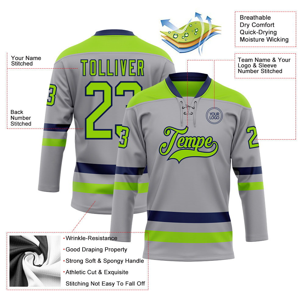 Custom Gray Neon Green-Navy Hockey Lace Neck Jersey view 3