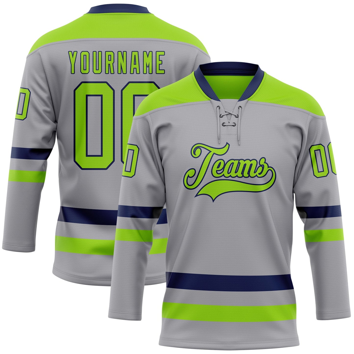 Custom Gray Neon Green-Navy Hockey Lace Neck Jersey - Main View