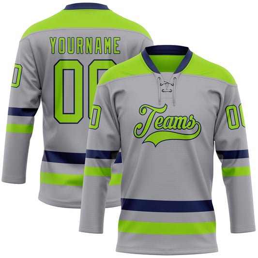 Custom Gray Neon Green-Navy Hockey Lace Neck Jersey - Main View