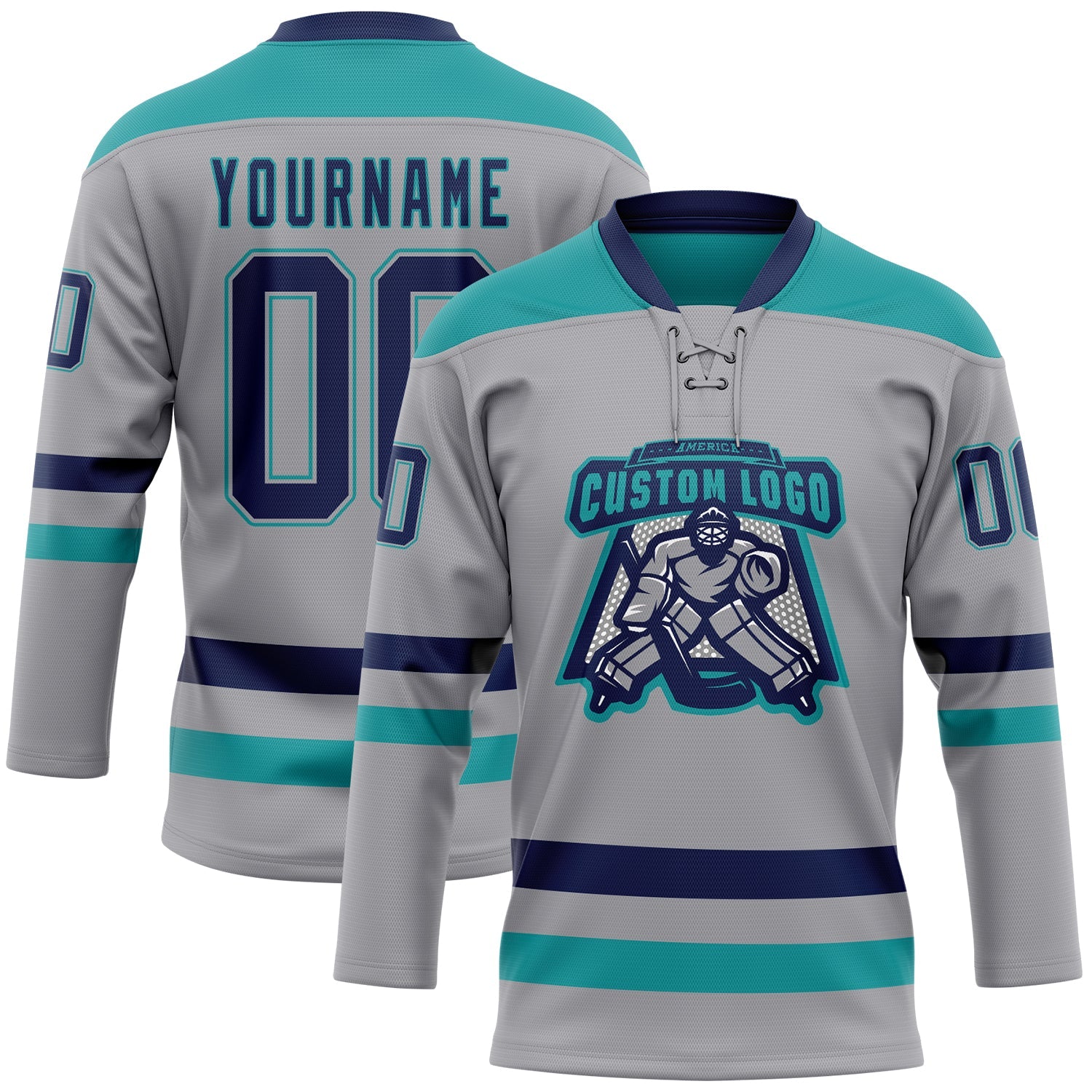 Custom Gray Navy-Teal Hockey Lace Neck Jersey view 2