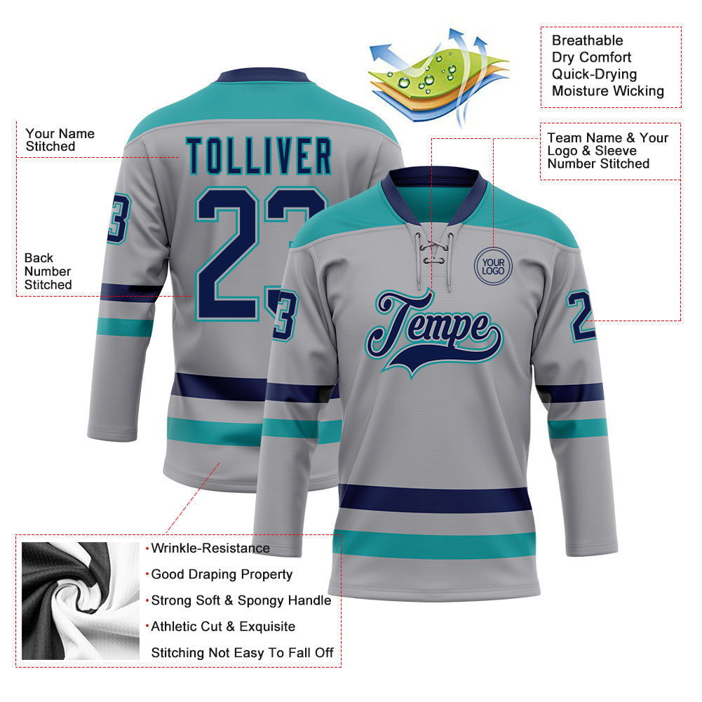 Custom Gray Navy-Teal Hockey Lace Neck Jersey view 3
