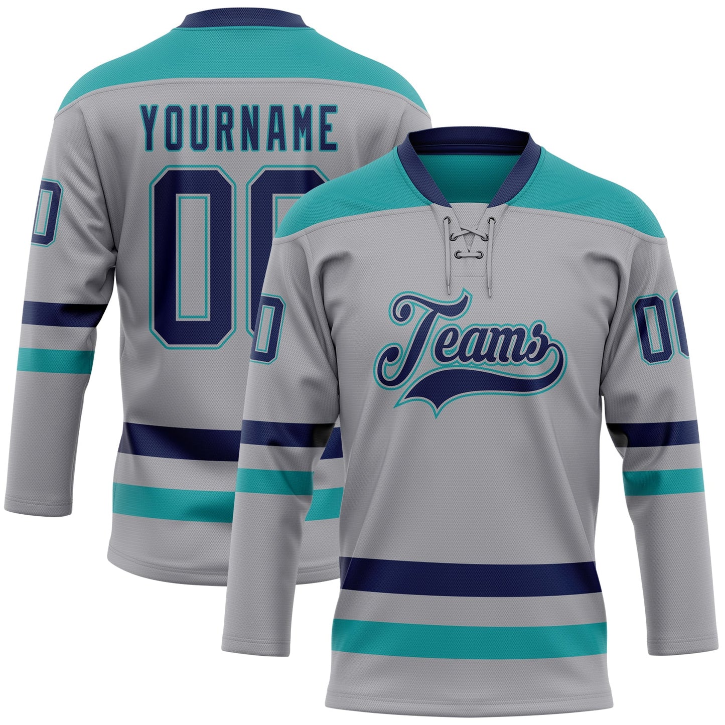 Custom Gray Navy-Teal Hockey Lace Neck Jersey - Main View
