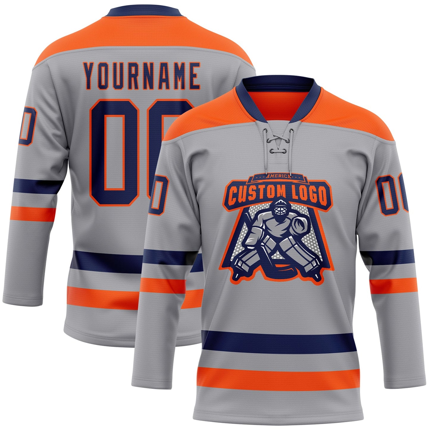 Custom Gray Navy-Orange Hockey Lace Neck Jersey view 2