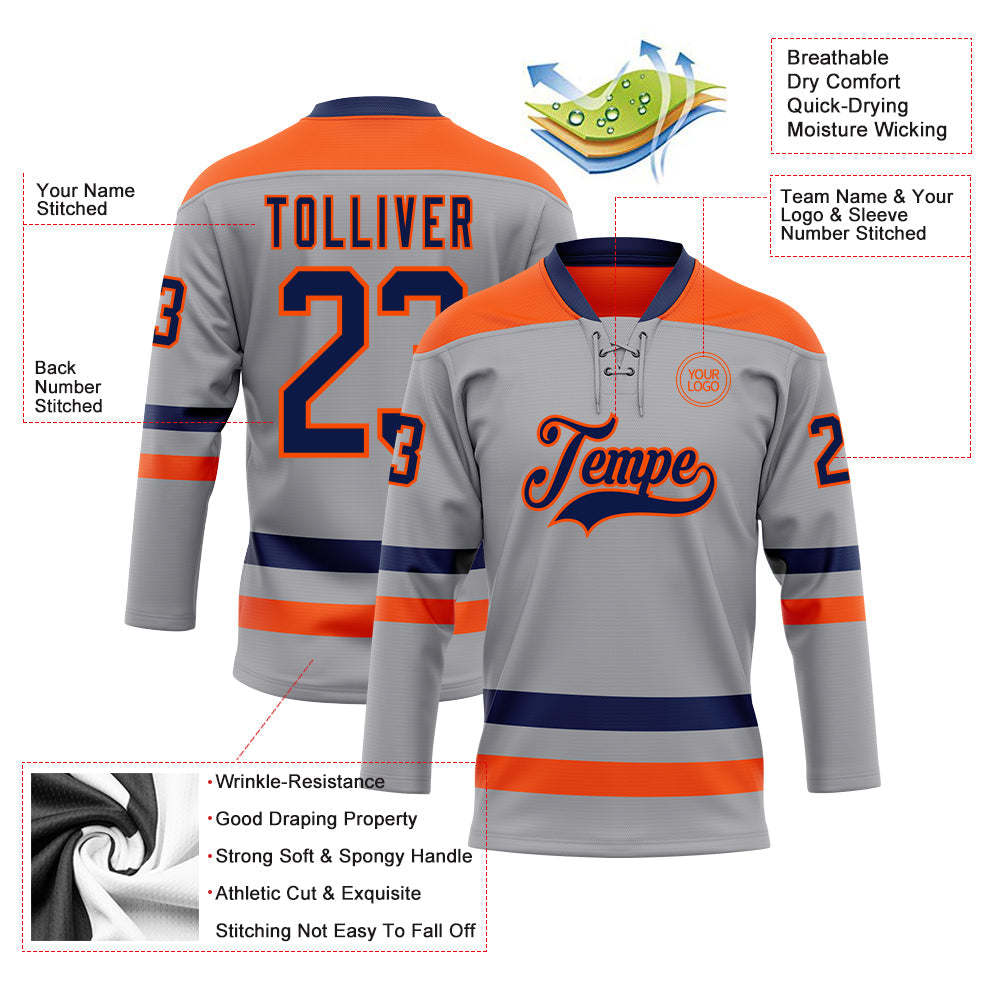 Custom Gray Navy-Orange Hockey Lace Neck Jersey view 3