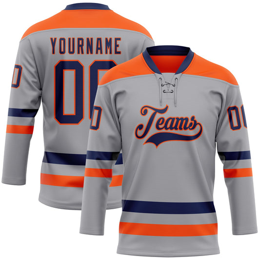 Custom Gray Navy-Orange Hockey Lace Neck Jersey - Main View