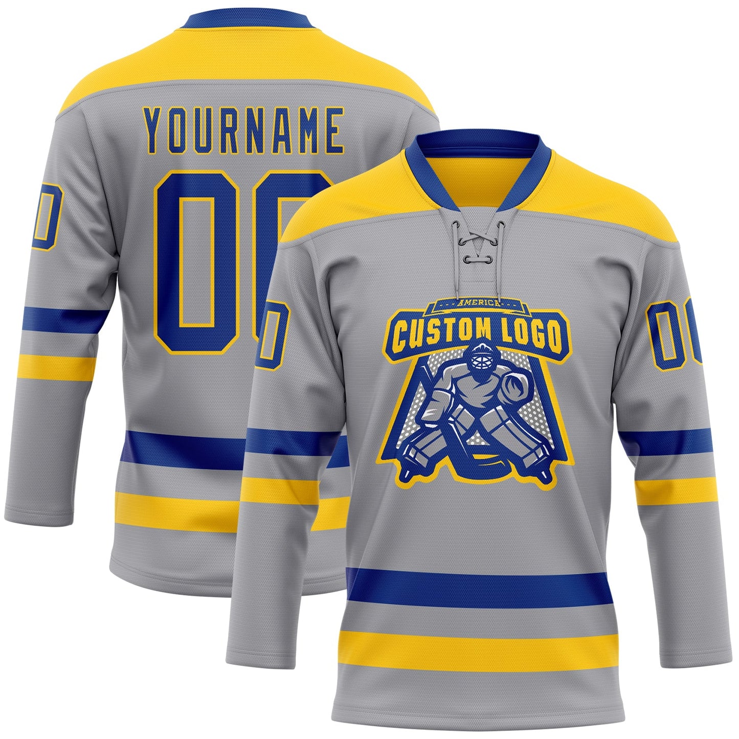 Custom Gray Royal-Yellow Hockey Lace Neck Jersey view 2