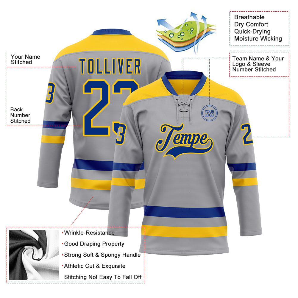 Custom Gray Royal-Yellow Hockey Lace Neck Jersey view 3
